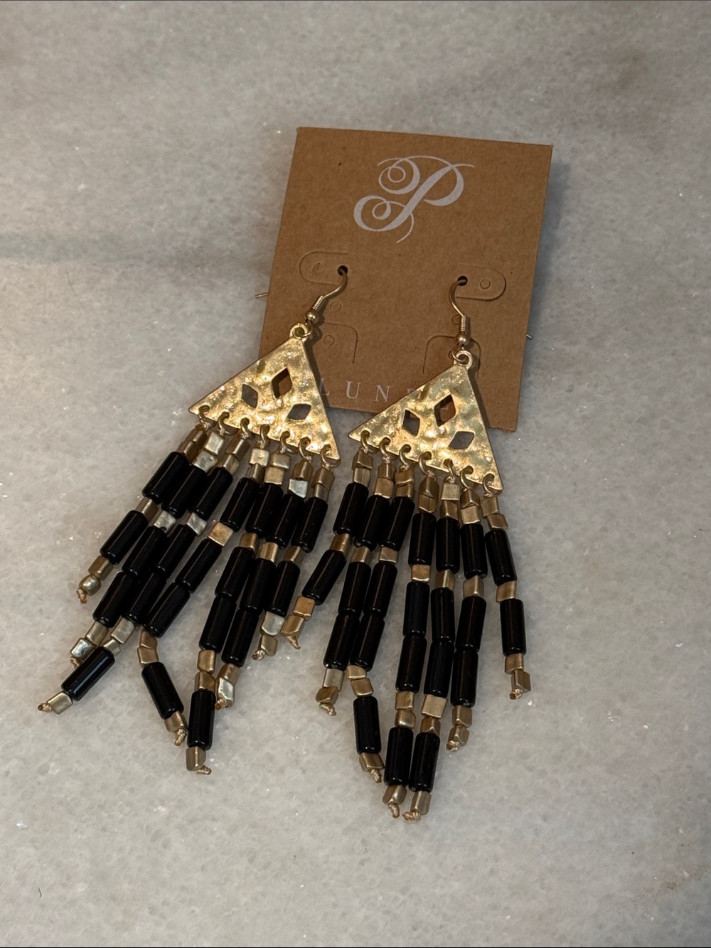 Plunder triangular Gold and Black Cascading Bead Earrings New